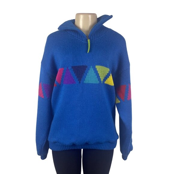 Sos Redline Vintage Unisex Blue Half-Zip Sweater With Triangle Pattern - Picture 2 of 7
